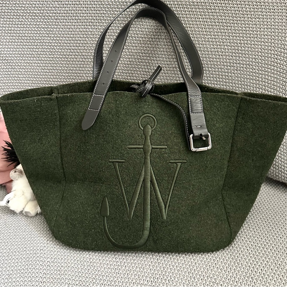 JW Anderson Belt Logo Embroidered Tote Bag in Green Wool